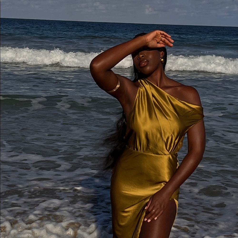 The Sei Asymmetrical Cowl Midi Dress